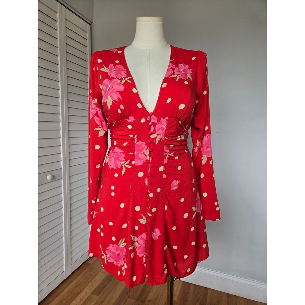 Free People Date Night Red Floral Polka Dot Mini Dress Size M Boho Romantic Chic
